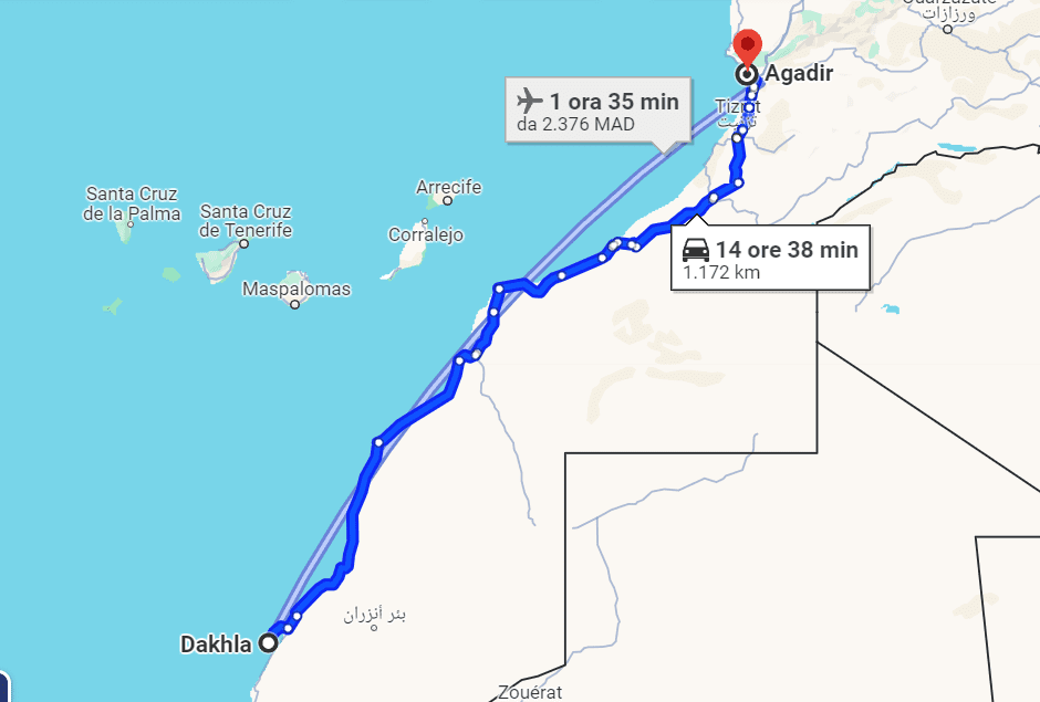 Immagine tratta da Google Map per arrivare a Dakhla nel Sahara Occide3ntale - Sud Marocco